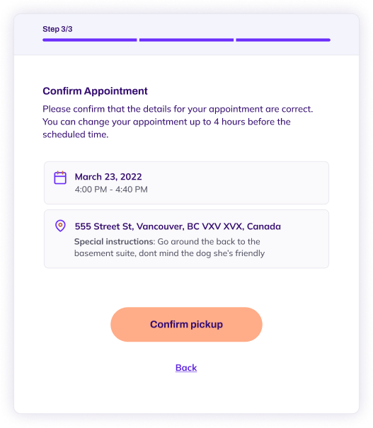 Autozen appointment confirmation screen.