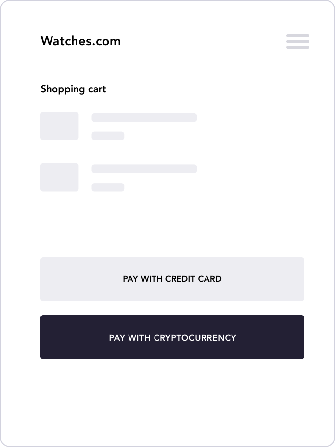 Merchant checkout screen with cryptocurrency payment option.