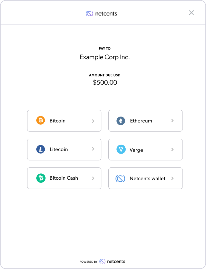 NetCents currency selection screen.